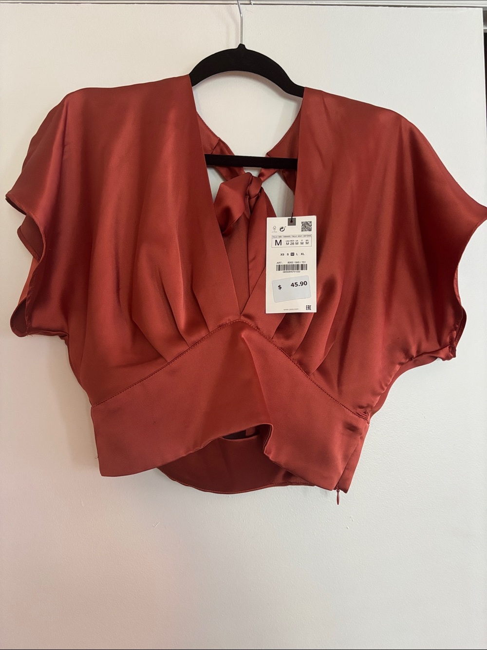 Zara Red Orange Rust Satin Tie-Back V-Neck Crop Blouse